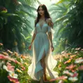 Yennefer in a lush, tropical paradise, her dress light and airy as she walks through a field of flowers