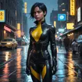 Cassandra Cain in a dramatic, cinematic style, standing on a rain-soaked street, the neon lights of Gotham City reflecting in puddles at her feet.