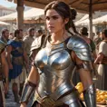 Kassandra in a bustling Greek marketplace, her armor glinting in the sunlight, interacting with various characters, showcasing her charismatic and warrior-like demeanor