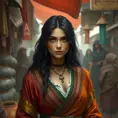 Yennefer in a bustling market, her vibrant robes contrasting with the earthy tones of the vendors, her expression both curious and confident