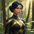 Cassandra Cain in a tranquil forest clearing, the sunlight filtering through the trees, her pose relaxed yet alert.