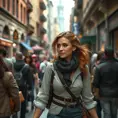 Triss in a bustling city street, her attire both practical and stylish as she navigates the crowd with ease