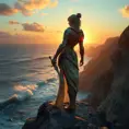 Ciri on a rocky cliff overlooking a vast ocean, the sun setting behind her, casting a golden glow on her armor and the waves below