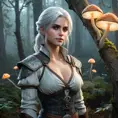 Ciri from The Witcher 3, standing in a misty forest with glowing mushrooms and ancient trees, her silver hair shimmering under the soft light filtering through the leaves