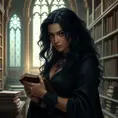 Yennefer in a grand library, her hands gently touching ancient books as she walks, the light from a nearby window casting a soft glow on her face