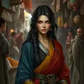 Yennefer in a bustling market, her vibrant robes contrasting with the earthy tones of the vendors, her expression both curious and confident