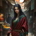 Yennefer in a bustling market, her vibrant robes contrasting with the earthy tones of the vendors, her expression both curious and confident