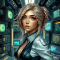 Ciri in a high-tech laboratory, surrounded by futuristic gadgets and glowing screens, her expression curious and intrigued