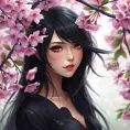 Cassandra Cain, depicted in a serene garden with blooming cherry blossoms, her eyes reflecting the soft pink petals, a gentle breeze lifting her raven hair.