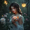 Triss in a serene, moonlit garden, her hands gently touching a blooming rose, the soft light enhancing her natural beauty