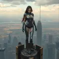 A2 standing atop a ruined skyscraper, the horizon behind her a blend of natural landscapes and the metallic structures of a post-apocalyptic world.