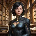 Cassandra Cain in a serene library setting, surrounded by ancient tomes, her eyes conveying a deep sense of wisdom and mystery.