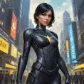 Cassandra Cain, dressed in a sleek, black tactical suit, standing before a digital city map, her hands poised as if ready to strike.