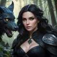 Yennefer in a dark, enchanted forest, her eyes glowing with magical energy as she confronts a mythical creature