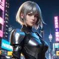 A stunning portrait of A2 from Nier Automata, set against a backdrop of a futuristic cityscape at dusk, with neon lights reflecting off her sleek, angular armor.