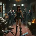 Lara Croft in a tense standoff with a group of mercenaries, her stance defensive, with old-world artifacts and weapons scattered around the room.