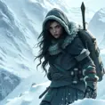 Kassandra in a snowy mountain landscape, her breath visible in the cold air, navigating through treacherous terrain, showcasing her resilience and survival skills