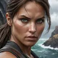 A dramatic close-up of Lara Croft, her eyes intense and focused, set against a stormy, rugged cliffside, emphasizing her resilience and determination.