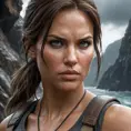 A dramatic close-up of Lara Croft, her eyes intense and focused, set against a stormy, rugged cliffside, emphasizing her resilience and determination.