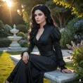 Yennefer in a serene garden at sunset, her hair cascading down as she sits on a marble bench, lost in thought