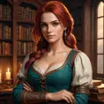 Triss Merigold from The Witcher 3, standing in a cozy, candlelit study filled with books and potions, her red hair cascading over her shoulders