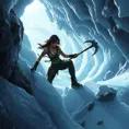 A dynamic scene of Lara Croft navigating a treacherous ice cave, her ice pick and crampons in use, with ice formations glittering in the light.