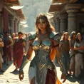 Kassandra in a bustling Greek marketplace, her armor glinting in the sunlight, interacting with various characters, showcasing her charismatic and warrior-like demeanor