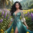 Yennefer in a lush, tropical paradise, her dress light and airy as she walks through a field of flowers