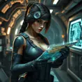 Lara Croft in a high-tech underground laboratory, suited up in modern gear, studying a holographic map of an undiscovered tomb.