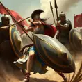 Kassandra in a dramatic battle scene, fighting against a group of Spartan soldiers, her spear and shield in action, emphasizing her skilled combat techniques