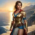 Kassandra from Assassin's Creed, standing atop a cliff overlooking the Aegean Sea, with the sun setting behind her, casting a golden glow on her armor and the waves below