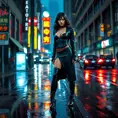 Cassandra Cain in a dramatic, cinematic style, standing on a rain-soaked street, the neon lights of Gotham City reflecting in puddles at her feet.