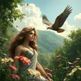 Kassandra in a lush, ancient Greek forest, surrounded by blooming wildflowers, her eagle Ikaros soaring above, capturing the essence of her adventurous spirit