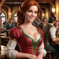 Triss in a bustling tavern, her friendly smile and vibrant dress making her the center of attention among the patrons