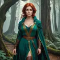 Triss in a misty, enchanted forest, her robes flowing as she walks among ancient trees, her eyes sparkling with magical knowledge