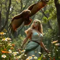 Kassandra in a lush, ancient Greek forest, surrounded by blooming wildflowers, her eagle Ikaros soaring above, capturing the essence of her adventurous spirit