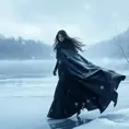 Yennefer in a snowy, winter wonderland, her cloak billowing in the wind as she walks gracefully on a frozen lake