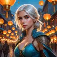 Ciri in a vibrant, magical city at dusk, surrounded by floating lanterns and bustling with mythical creatures, her eyes reflecting the city's lights