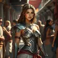 Kassandra in a bustling Greek marketplace, her armor glinting in the sunlight, interacting with various characters, showcasing her charismatic and warrior-like demeanor