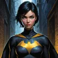 Cassandra Cain in a classic comic book style, rendered in vibrant colors, standing in a dark alley with a single beam of light highlighting her determined face.