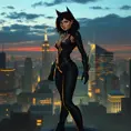 Cassandra Cain standing atop a city rooftop at twilight, the skyline of Gotham City illuminated behind her, her silhouette sharp against the urban glow.