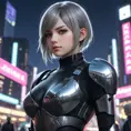 A stunning portrait of A2 from Nier Automata, set against a backdrop of a futuristic cityscape at dusk, with neon lights reflecting off her sleek, angular armor.