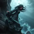 Yennefer in a dramatic, stormy sea setting, her hair and robes whipped by the wind as she stands on a rocky cliff