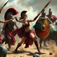 Kassandra in a dramatic battle scene, fighting against a group of Spartan soldiers, her spear and shield in action, emphasizing her skilled combat techniques