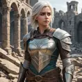 Ciri in a battle-worn armor, standing amidst the ruins of a once-great city, her expression resolute and determined