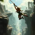 A high-action scene where Lara Croft is mid-swing on a rope, leaping over a deep chasm, with crumbling ruins and ancient traps in the background.