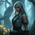 Ciri from The Witcher 3, standing in a misty forest with glowing mushrooms and ancient trees, her silver hair shimmering under the soft light filtering through the leaves