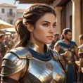 Kassandra in a bustling Greek marketplace, her armor glinting in the sunlight, interacting with various characters, showcasing her charismatic and warrior-like demeanor