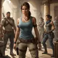 Lara Croft in a tense standoff with a group of mercenaries, her stance defensive, with old-world artifacts and weapons scattered around the room.