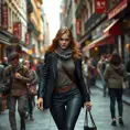 Triss in a bustling city street, her attire both practical and stylish as she navigates the crowd with ease